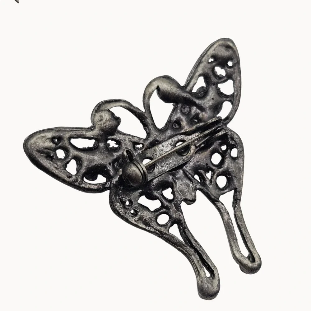 Rhinestone Floral Butterfly Brooch Pin Set 3pc Purple Pink Gunmetal‎ Whimsigoth